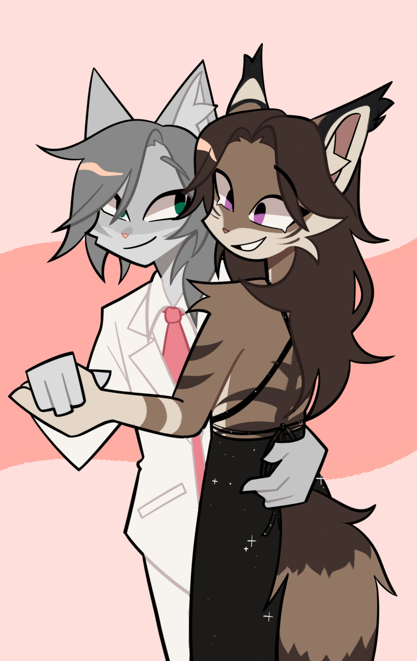 absurd_res anthro brown_body brown_fur clothing dancing dress duo felid feline female fur green_eyes grey_body grey_fur hair hi_res love male male/female mammal naragon_(character) necktie ponytail purple_eyes romantic romantic_couple suit tofukoi troy_lesage