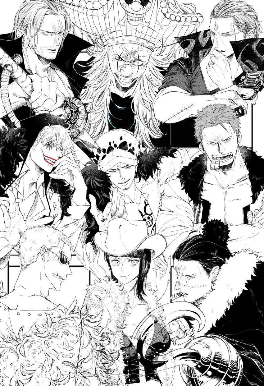 1girl 6+boys absurdres breasts buggy_the_clown character_request chest_tattoo cleavage cowboy_hat crocodile_(one_piece) donquixote_doflamingo donquixote_rocinante extra_arms facial_hair feather_coat finger_tattoo frown fur_hat goatee hat highres hood hood_up hook_hand long_sideburns looking_at_viewer looking_back mabu_dachi43 multiple_boys muscular muscular_male nico_robin one_piece outstretched_hand panther_print pectoral_cleavage pectorals red_lips seductive_smile serious shanks_(one_piece) sheath short_hair sideburns smile smoker_(one_piece) smoking spot_color sunglasses tattoo thick_eyebrows tongue tongue_out trafalgar_law uneven_eyes unsheathing