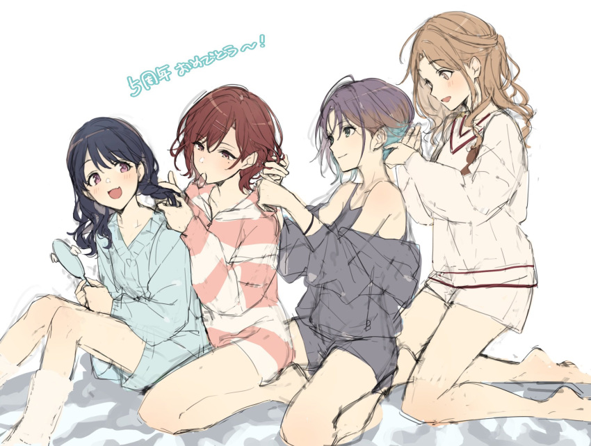 4girls adjusting_another's_hair anniversary asakura_toru bare_legs barefoot blush braiding_hair chestnut_sigure fukumaru_koito hairdressing happy_anniversary highres higuchi_madoka ichikawa_hinana idolmaster idolmaster_shiny_colors kneeling looking_at_another mole mole_under_eye mouth_hold multiple_girls noctchill_(idolmaster) pajamas shorts simple_background sitting sketch smile tying_another's_hair white_background