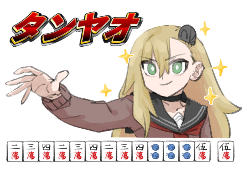 1girl arm_at_side asymmetrical_bangs black_choker black_sailor_collar blonde_hair bright_pupils brown_shirt choker cropped_torso daddycool's_tan'yao_(meme) green_eyes highres insect_hair_ornament long_hair long_sleeves looking_at_viewer mahjong mahjong_tile matangom matangomu-chan meme neckerchief neta original outstretched_hand pillbug red_neckerchief sailor_collar school_uniform serafuku shirt simple_background smirk smug solo sparkle translation_request v-shaped_eyebrows white_background white_pupils