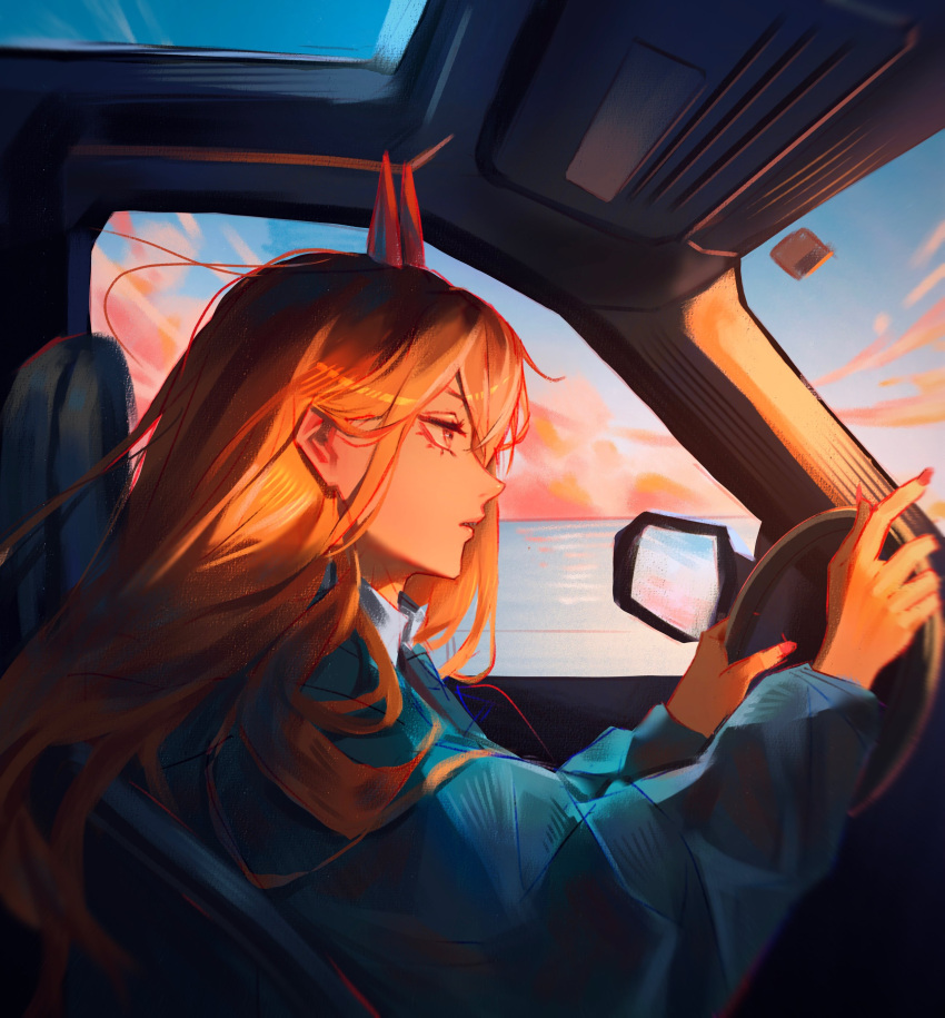 1girl absurdres blue_jacket car chainsaw_man cloud cloudy_sky collared_shirt demon_girl demon_horns driving fingernails from_side highres horns jacket kozzz_y long_hair long_sleeves looking_afar motor_vehicle ocean orange_hair parted_lips power_(chainsaw_man) puffy_sleeves shirt sitting sky solo steering_wheel sunset upper_body white_shirt