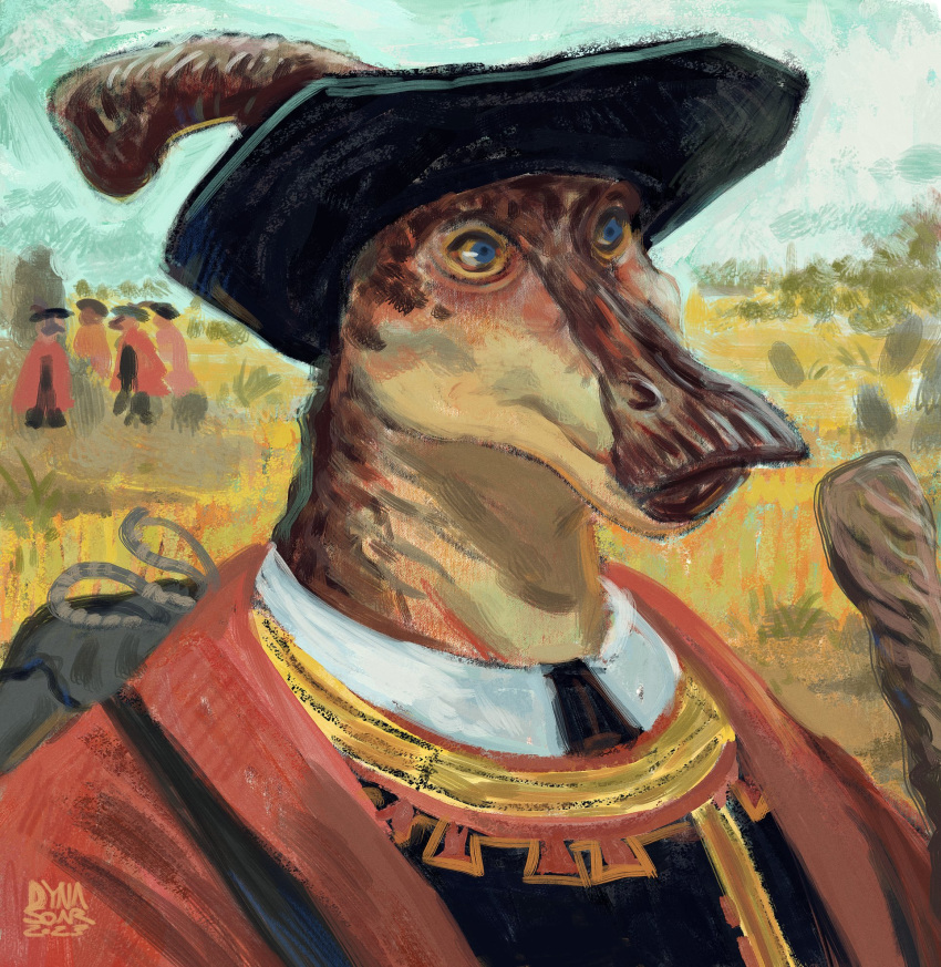 2023 anthro backpack beak black_clothing black_hat black_headwear blue_eyes brown_body bust_portrait clothed clothing collar digital_media_(artwork) digital_painting_(artwork) dinosaur dyna_soar expressionism fantasy field hadrosaurid hat headgear headwear hi_res impressionist_background male markings orange_markings ornithischian outside parasaurolophus portrait red_cape reptile saurian_(disambiguation) scalie signature solo string surveying three-quarter_view topwear vest walking_stick wide_brim_hat