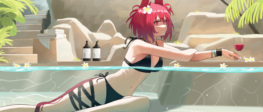 1girl animal_ears arknights bikini bird_ears bird_girl bird_tail black_bikini breasts cup day drinking_glass fiammetta_(arknights) flower hair_flower hair_ornament halterneck highres looking_at_viewer lotion_bottle mouth_hold navel northkiyou outdoors partially_underwater_shot plant red_eyes red_hair short_hair sitting small_breasts solo stairs stomach swimsuit tail water white_flower wine_glass