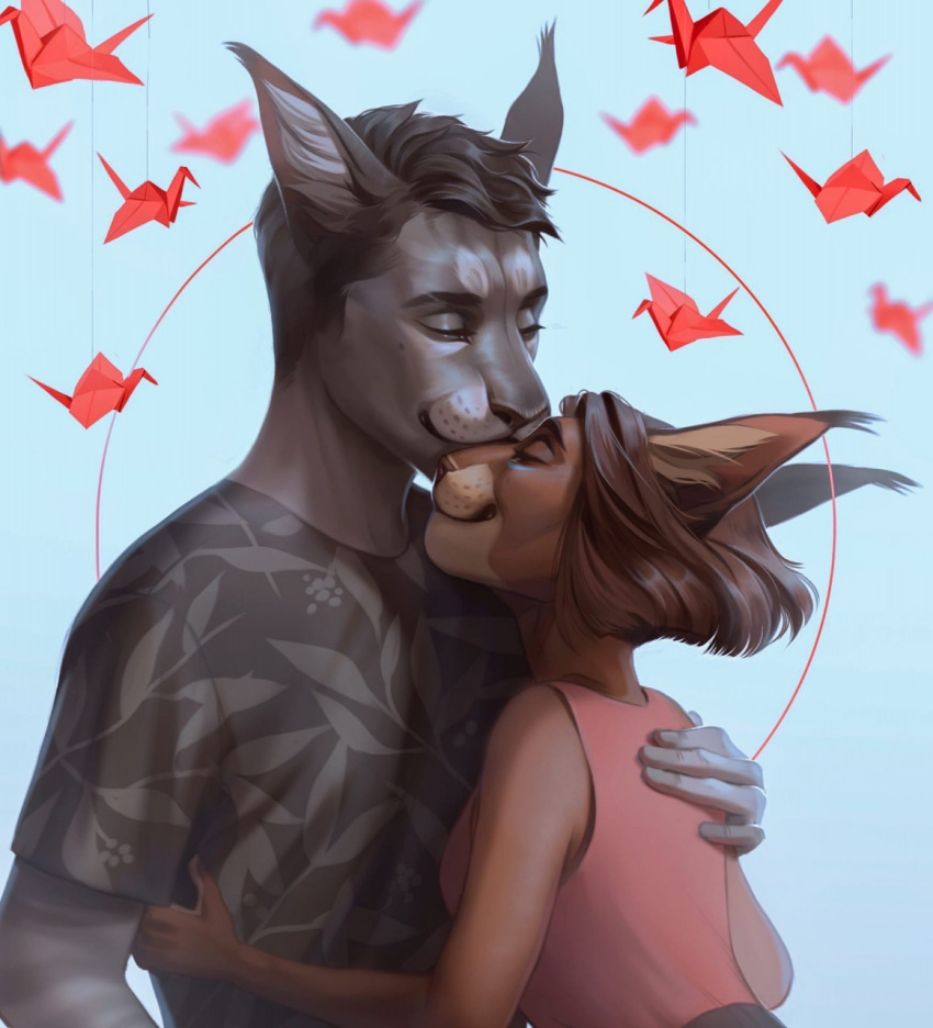 anthro black_hair brown_body brown_hair brown_nose closed_smile clothed clothing duo ear_tuft ears_back embrace eyes_closed felid female grey_body grey_clothing grey_topwear hair hi_res hug male mammal marie_(marie_merkh) marie_merkh mouth_closed pink_clothing pink_topwear pivoted_ears short_hair simple_background topwear tuft