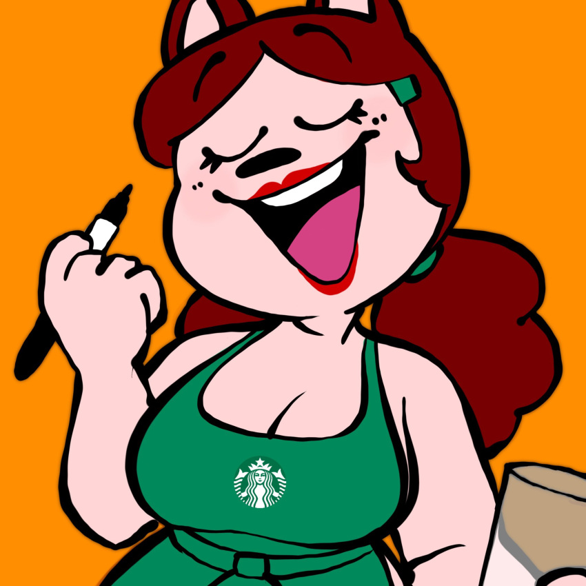 accessory anthro apron apron_only breasts clothing creator_ant domestic_cat felid feline felis female glass hair hair_accessory hi_res logo long_hair mammal marker mary_(creator_ant) open_mouth simple_background solo starbucks