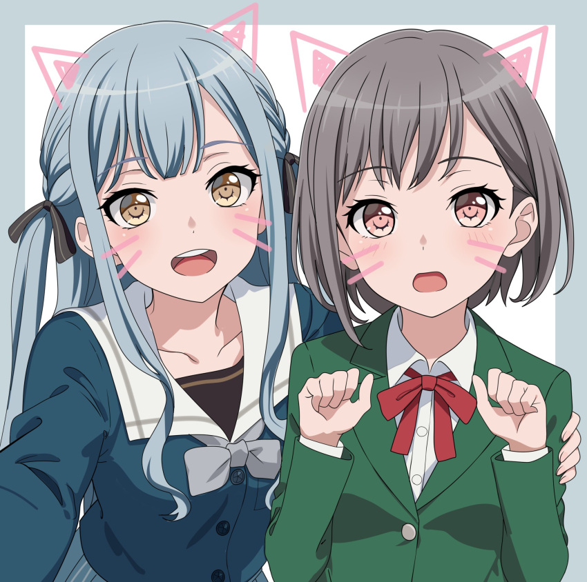 2girls :d arm_around_back bang_dream! bang_dream!_it's_mygo!!!!! blazer blue_hair blush border bow braid buttons claw_pose collarbone commentary drawn_ears drawn_whiskers english_commentary fries_vanquisher green_jacket grey_border grey_bow grey_hair hair_bow highres jacket light_blue_hair long_hair looking_at_viewer multiple_girls multiple_hair_bows open_mouth pink_eyes red_ribbon ribbon school_uniform selfie serafuku shirt short_hair sidelocks smile takamatsu_tomori teeth togawa_sakiko tsukinomori_school_uniform two_side_up upper_teeth_only white_shirt yellow_eyes