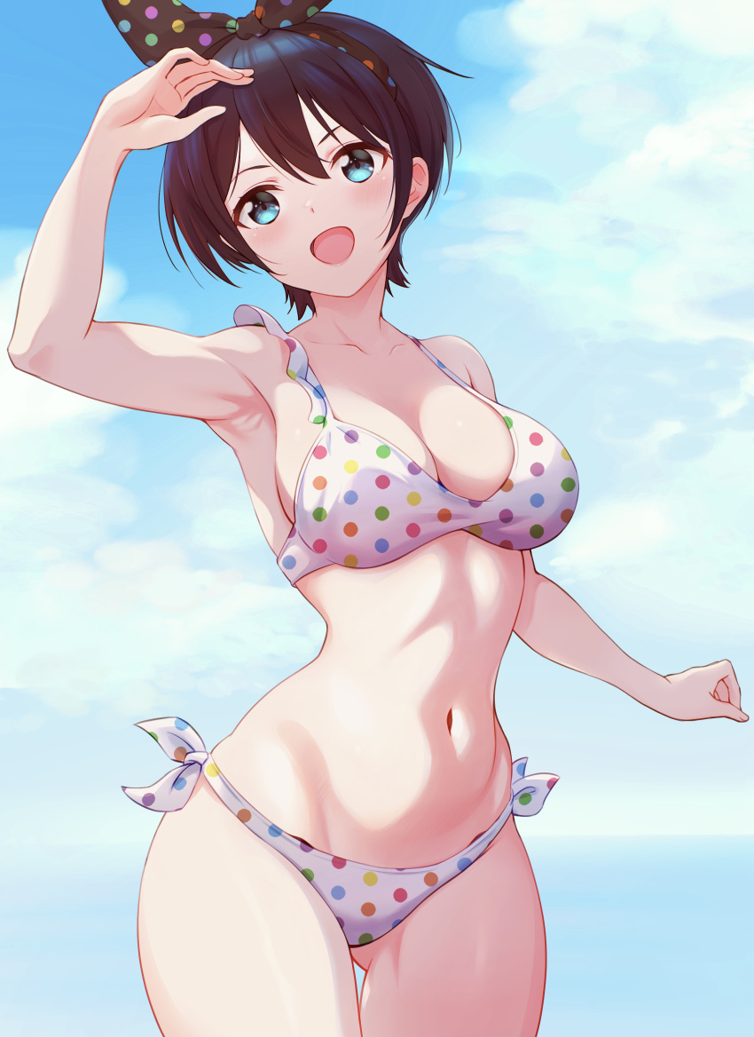 1girl absurdres armpits ass_visible_through_thighs bikini black_hair blue_eyes blue_sky bow breasts cleavage cloud cowboy_shot hair_bowtie highres kanojo_okarishimasu large_breasts looking_at_viewer mtoan polka_dot polka_dot_bikini polka_dot_bow sarashina_ruka short_hair side-tie_bikini_bottom sky smile solo swimsuit thigh_gap white_bikini