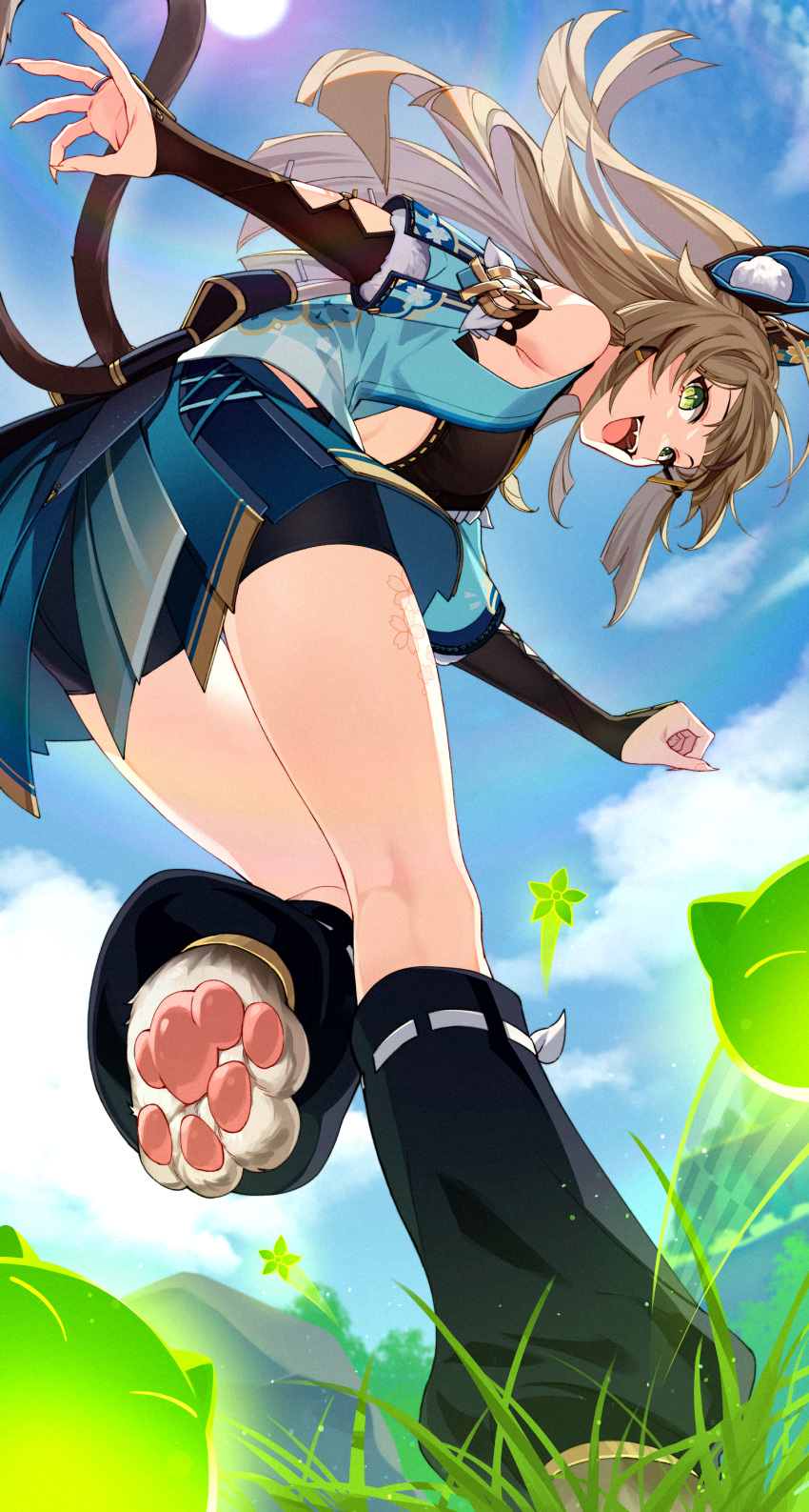 1girl :d absurdres animal_ears armpits ass bent_over black_socks blue_sky blurry bridal_gauntlets brown_hair cat_ears cat_girl cat_tail claws cloud cloudy_sky commentary_request depth_of_field detached_sleeves fang from_below genshin_impact grass green_eyes hair_between_eyes highres japanese_clothes kirara_(genshin_impact) kneehighs long_hair looking_at_viewer looking_back multiple_tails nekomata onimoti outdoors pleated_skirt short_sleeves sidelocks skirt sky smile socks solo standing standing_on_one_leg tail two_tails