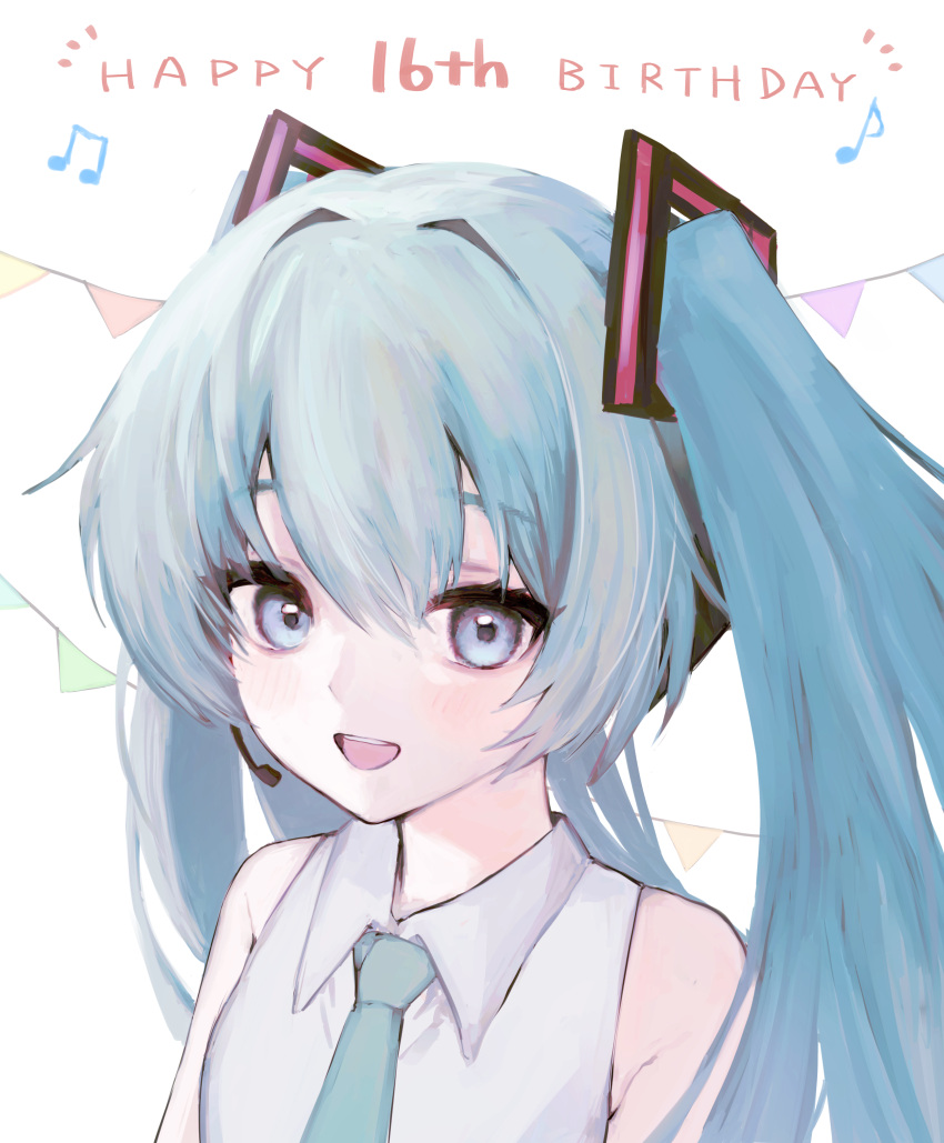 1girl absurdres aqua_necktie bare_shoulders blue_eyes blue_hair collared_shirt commentary_request decorations grey_shirt hair_between_eyes hair_intakes happy_birthday hatsune_miku highres light_blush long_hair looking_at_viewer musical_note necktie open_mouth shirt simple_background sleeveless sleeveless_shirt smile solo string_of_flags teeth upper_body upper_teeth_only vocaloid white_background yagiusagi