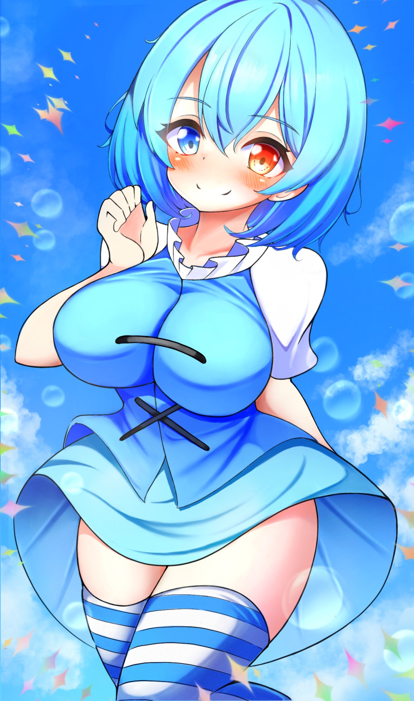 1girl blue_eyes blue_hair blue_skirt blue_sky blue_thighhighs blush breasts bubble closed_mouth cloud collarbone commentary_request cross-laced_clothes gyuta heterochromia highres large_breasts looking_at_viewer outdoors red_eyes short_hair short_sleeves skirt sky smile solo striped striped_thighhighs tatara_kogasa thighhighs thighs touhou white_thighhighs