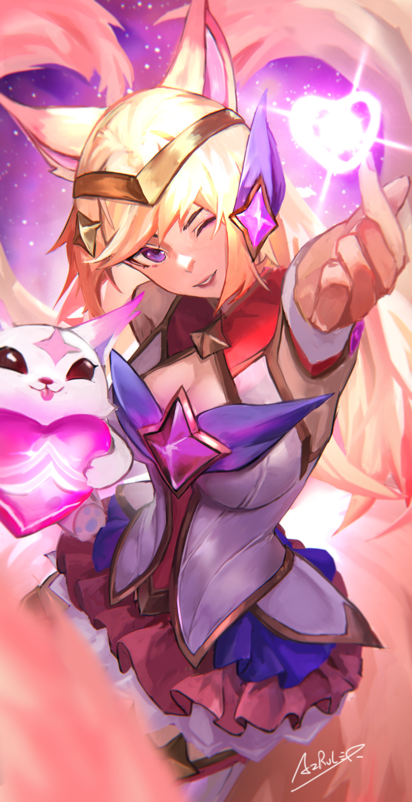 1girl absurdres ahri_(league_of_legends) animal_ears artist_name az'ruler bare_shoulders blonde_hair breasts brooch detached_sleeves familiar finger_heart fox_ears fox_girl fox_tail heart highres jewelry league_of_legends long_hair magical_girl medium_breasts official_alternate_costume one_eye_closed pink_nails purple_eyes skirt smile star_brooch star_guardian_(league_of_legends) star_guardian_ahri star_guardian_pet tail thighhighs