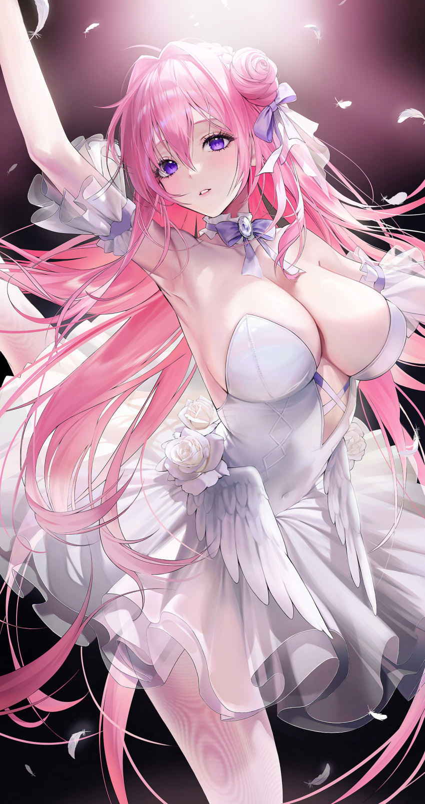1girl absurdres alternate_costume arm_strap arm_up armpits ballerina ballet_dress bare_shoulders braid breasts cleavage collarbone commentary covered_navel cowboy_shot detached_sleeves dorothy_(nikke) dress falling_feathers feathered_wings flower frilled_dress frills goddess_of_victory:_nikke hair_between_eyes hair_bun hair_intakes hair_ribbon highres large_breasts long_hair looking_at_viewer pantyhose parted_lips pink_hair purple_eyes purple_ribbon ribbon rose sidelocks solo standing standing_on_one_leg strapless strapless_dress tutu very_long_hair white_dress white_flower white_pantyhose white_rose wings yoya_yogurt