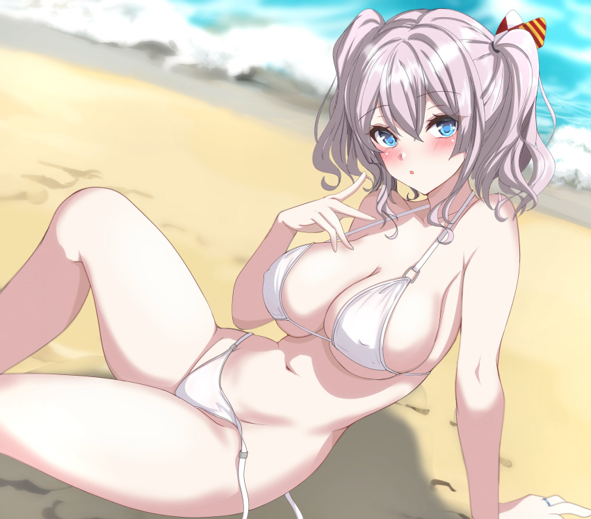 1girl absurdres arm_support beach bikini blue_eyes breasts commentary_request from_side grey_hair hair_between_eyes hair_ribbon halterneck hand_up highres kantai_collection kashima_(kancolle) knee_up large_breasts long_hair looking_at_viewer navel nitamako_(sakamalh) ocean open_mouth outdoors reclining ribbon side-tie_bikini_bottom sidelocks sitting solo swimsuit twintails untied_bikini untied_bikini_bottom wavy_hair white_bikini