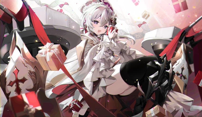 1girl absurdres ahoge azur_lane black_thighhighs box coat commentary cross crossed_bangs flandre_(azur_lane) floating_hair gift gift_box grey_eyes hair_ribbon hat highres holding holding_box leotard long_hair long_sleeves looking_at_viewer low_twintails open_mouth red_ribbon ribbon rigging sidelocks sitting smile solo thighhighs twintails white_coat white_hair wide_sleeves zi_terani