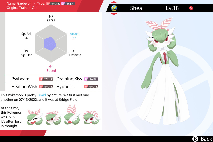 absurd_res after_transformation angry anthro bow_ribbon colored english_text female gardevoir generation_3_pokemon green_body green_hair hair happy hi_res mentalcrash nintendo pokeball pokemon pokemon_(species) red_eyes sad solo spikes spikes_(anatomy) stats surprised_expression text thought_bubble white_body