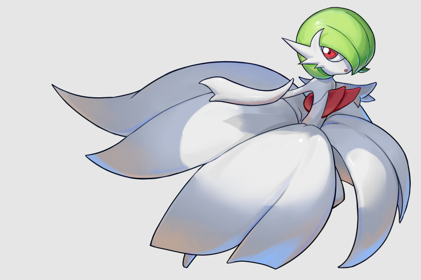 1girl bare_shoulders bob_cut chinese_commentary colored_skin commentary_request dress elbow_gloves flat_chest full_body gardevoir gloves green_hair grey_background hair_over_one_eye highres kulolin looking_to_the_side mega_gardevoir mega_pokemon one_eye_covered open_mouth pokemon pokemon_(creature) red_eyes short_hair simple_background solo standing strapless strapless_dress white_dress white_gloves white_skin