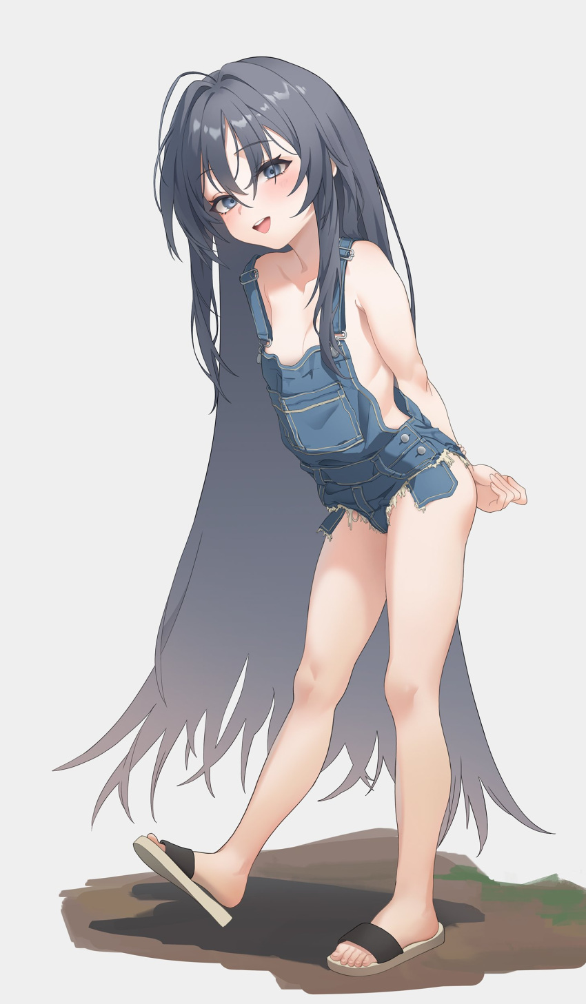 1girl absurdres arms_behind_back blue_eyes blush cutoff_overalls exposed_pocket grey_hair hair_between_eyes highres leaning_forward looking_at_viewer naked_overalls open_mouth original overalls sandals simple_background smile solo zzzearly