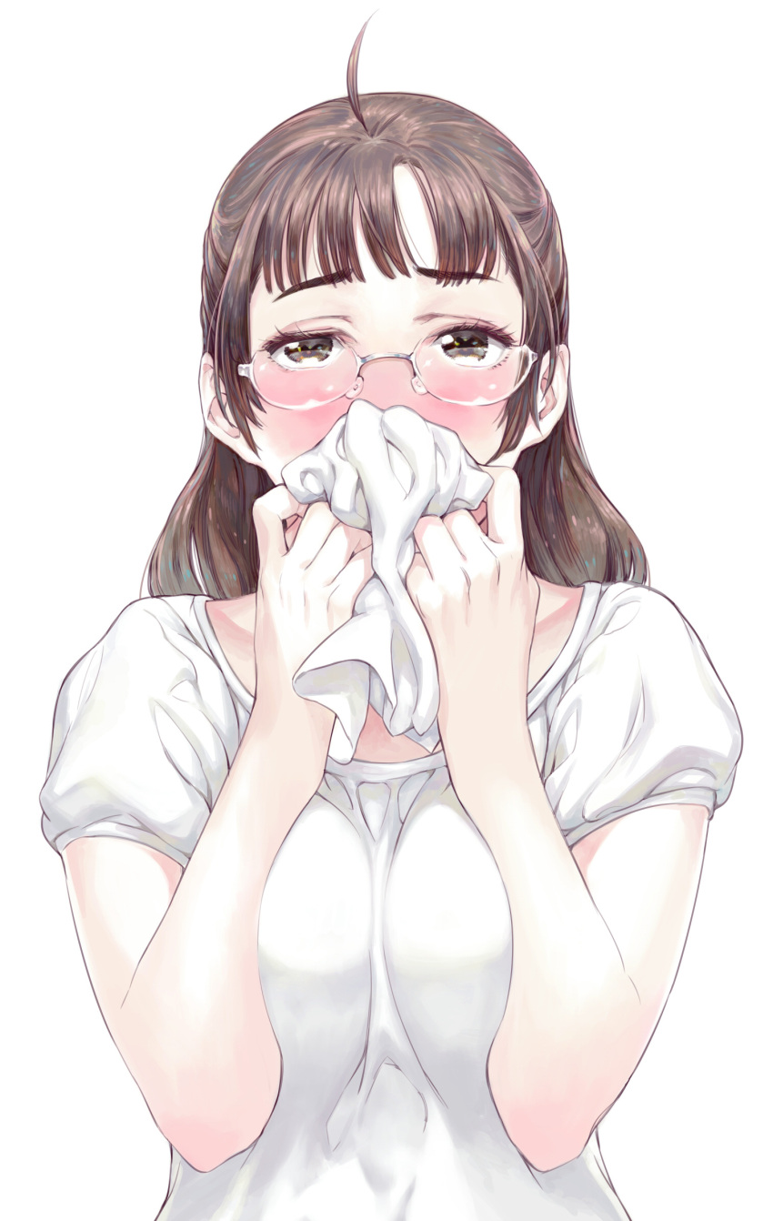 1girl ahoge blush breasts brown_eyes brown_hair commentary_request covering_mouth glasses highres holding long_hair looking_at_viewer medium_breasts nagimiso original semi-rimless_eyewear shirt short_sleeves simple_background solo straight-on t-shirt under-rim_eyewear upper_body white_background white_shirt