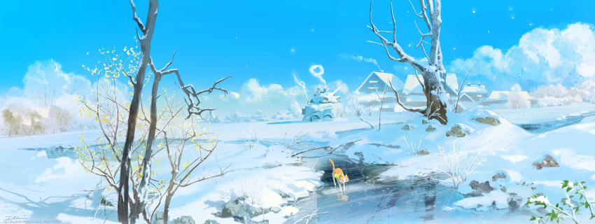 animal artist_name blue_sky branch cat cloud cold colorful field flower frozen_flower frozen_lake highres house illumi999 lake leaf morning original reflection reflective_water rooftop scarf sky snow snow_on_tree snowing tree yellow_flower yellow_scarf
