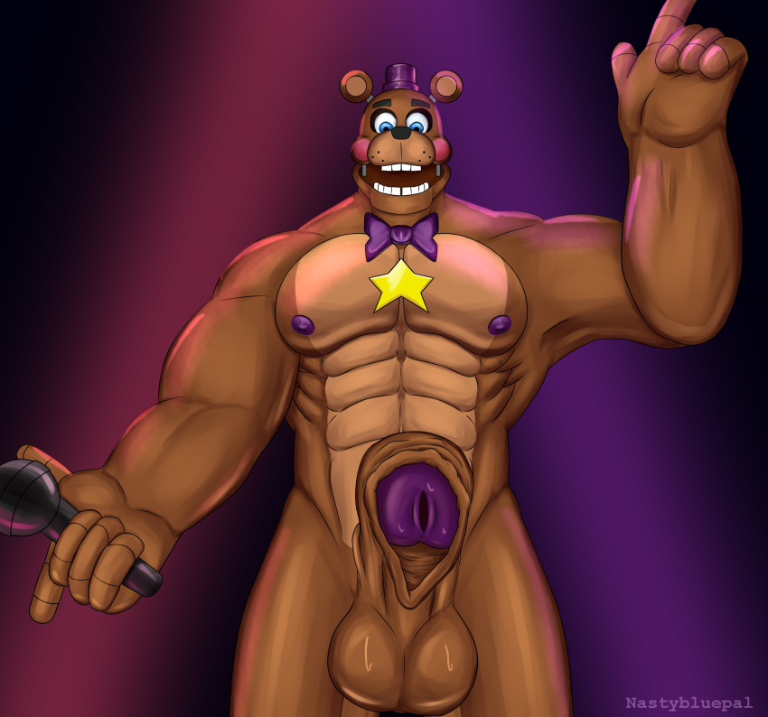 2022 abs absurd_res animatronic anthro areola balls barazoku bear biceps big_balls big_penis black_nose blue_eyes blush blush_stickers bodily_fluids bow_tie brown_body brown_fur clothing digital_media_(artwork) erection eyebrows five_nights_at_freddy's foreskin freddy_fazbear's_pizzeria_simulator fur genitals glans hat headgear headwear hi_res holding_microphone holding_object humanoid_genitalia humanoid_penis long_foreskin machine male mammal microphone mostly_nude muscular muscular_anthro muscular_male nastybluepal nipples open_mouth open_smile partially_retracted_foreskin pecs penis robot rockstar_freddy_(fnaf) scottgames smile solo star sweat sweaty_balls sweaty_genitalia sweaty_penis tan_body tan_fur teeth top_hat whisker_spots
