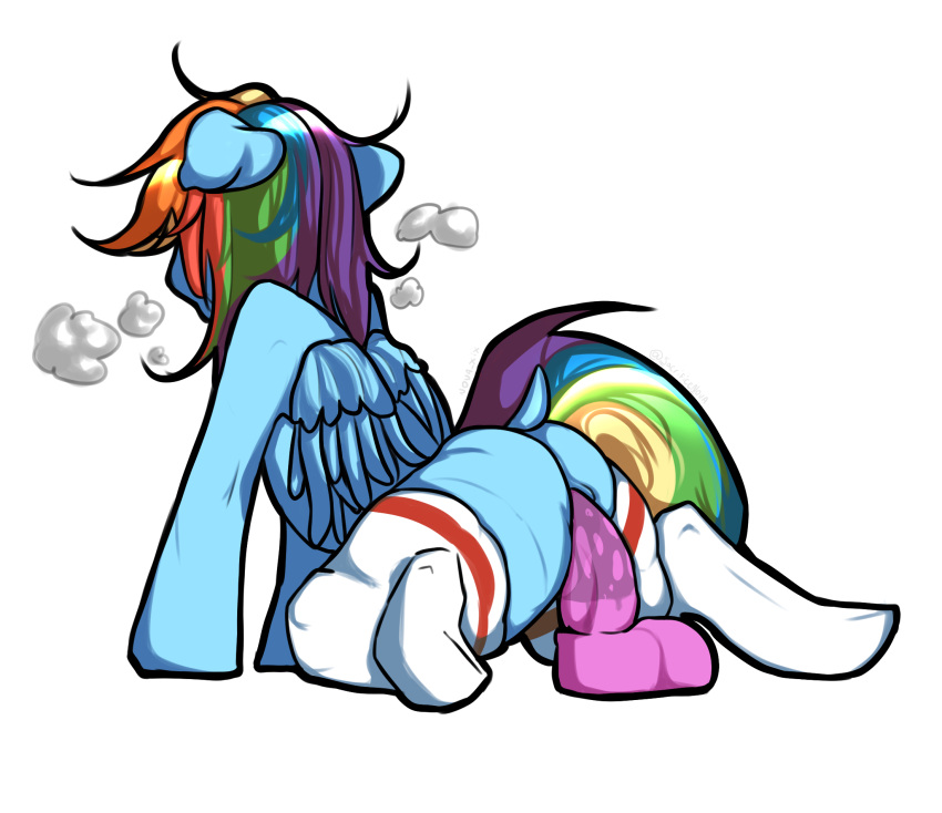 blue_body blue_feathers bodily_fluids breath butt clothing digital_media_(artwork) dildo dildo_sitting dock equid equine feathered_wings feathers female feral friendship_is_magic genital_fluids hair hasbro hi_res legwear long_hair mammal masturbation multicolored_hair multicolored_tail my_little_pony nova19 pegasus penetration pussy_juice rainbow_dash_(mlp) rainbow_hair rainbow_tail raised_tail sex_toy solo stockings tail vaginal vaginal_penetration wings