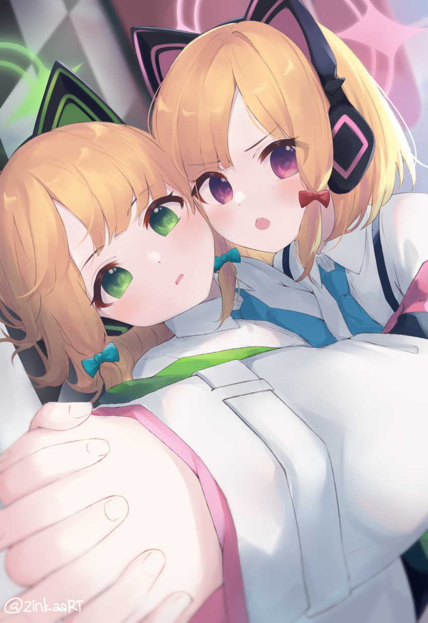 2girls :o absurdres animal_ear_headphones animal_ears artist_name blonde_hair blue_archive blue_necktie blurry blurry_background blush bow cat_ears collared_shirt commentary fake_animal_ears foreshortening green_eyes green_halo hair_bow halo headphones highres holding_hands indoors jacket long_sleeves looking_at_viewer midori_(blue_archive) momoi_(blue_archive) multiple_girls necktie off_shoulder parted_bangs parted_lips pink_halo purple_eyes red_bow shirt short_hair siblings sidelocks sisters teeth tile_floor tiles twins upper_body upper_teeth_only v-shaped_eyebrows white_jacket white_shirt zinkaa