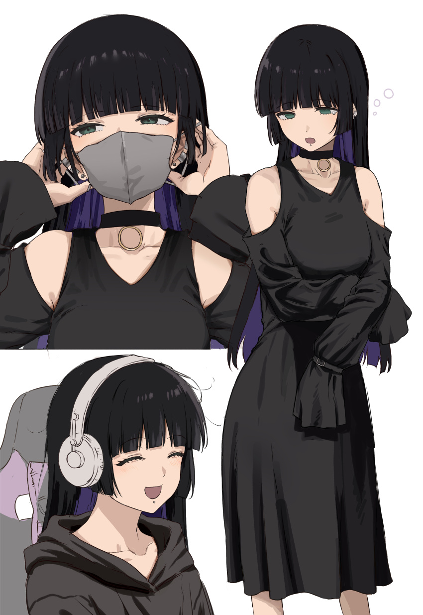 1girl absurdres aqua_eyes black_cardigan black_choker black_dress black_hair black_hoodie bocchi_the_rock! breasts cardigan chin_piercing choker closed_eyes colored_inner_hair dress ear_piercing earrings eyelashes headphones highres hime_cut hood hoodie ibuki_(ibuki0118) jewelry large_breasts long_hair mask mouth_mask multicolored_hair multiple_views pa-san piercing purple_hair sleeves_past_fingers sleeves_past_wrists smile stud_earrings