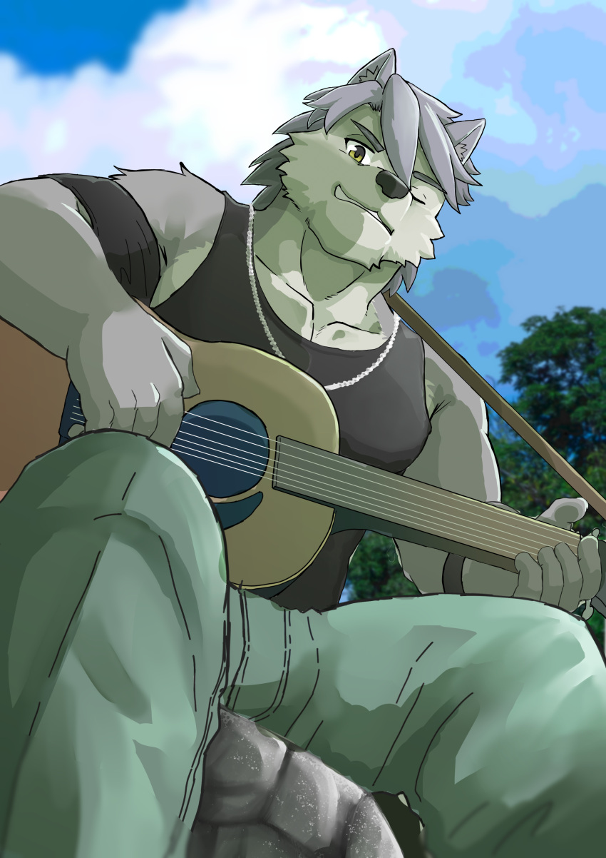 2023 5_toes absurd_res acoustic_guitar anthro black_clothing black_shirt black_tank_top black_topwear bottomwear canid canine canis clothing colored countershade_face countershading domestic_dog feet fur green_bottomwear green_clothing green_pants grey_body grey_countershading grey_fur grey_hair grey_nose guitar hair hi_res husky jewelry kakukaku kouya_(morenatsu) male mammal morenatsu musical_instrument necklace nordic_sled_dog outside overcast pants plucked_string_instrument shirt sky smile solo spitz string_instrument tank_top toes topwear yellow_eyes