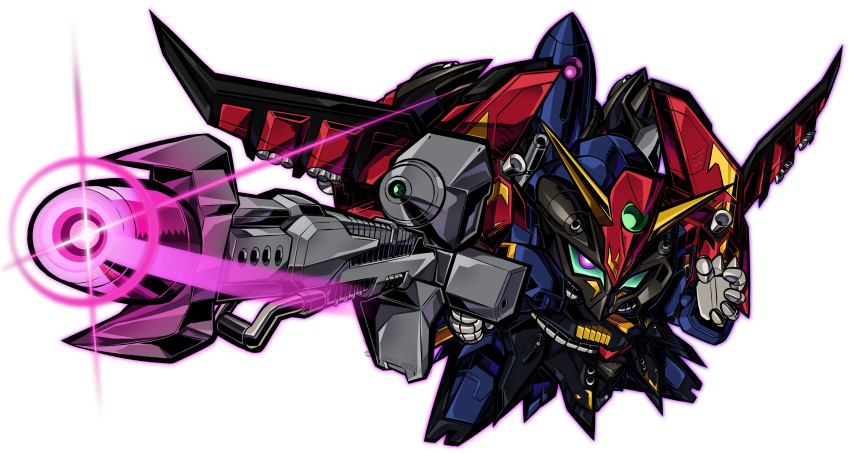 absurdres glint green_eyes gun gundam highres holding holding_gun holding_weapon looking_at_viewer mask_commander mecha no_humans open_hand pillar_buster purple_eyes robot sd_command_chronicles sd_gundam simple_background v-fin weapon white_background