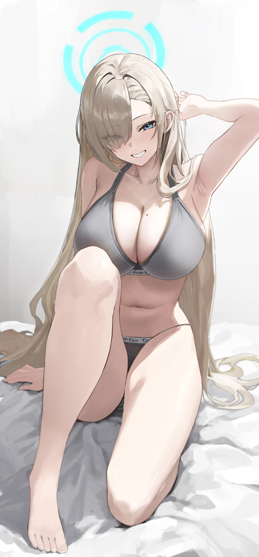 1girl absurdres armpits asuna_(blue_archive) barefoot blue_archive blue_eyes blue_halo blush bra breasts cleavage collarbone eyes_visible_through_hair feet grey_bra grey_panties grin hair_over_one_eye halo highres knee_up large_breasts legs light_brown_hair long_hair looking_at_viewer mole mole_on_breast num_s1x panties smile solo toenails toes underwear