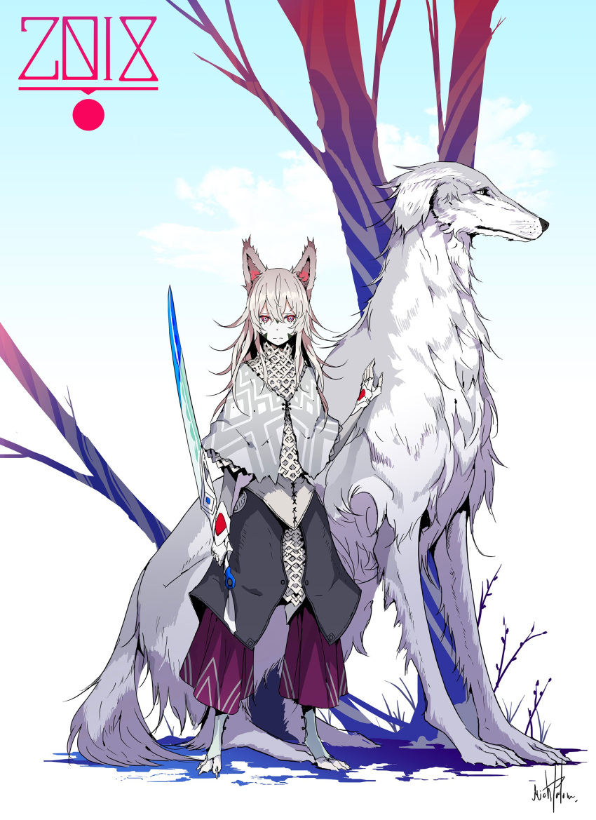 1other 2018 absurdres animal animal_ears animal_feet chinese_zodiac dog gloves grey_fur hand_on_another's_shoulder highres holding holding_sword holding_weapon original palow sword tree weapon white_fur year_of_the_dog