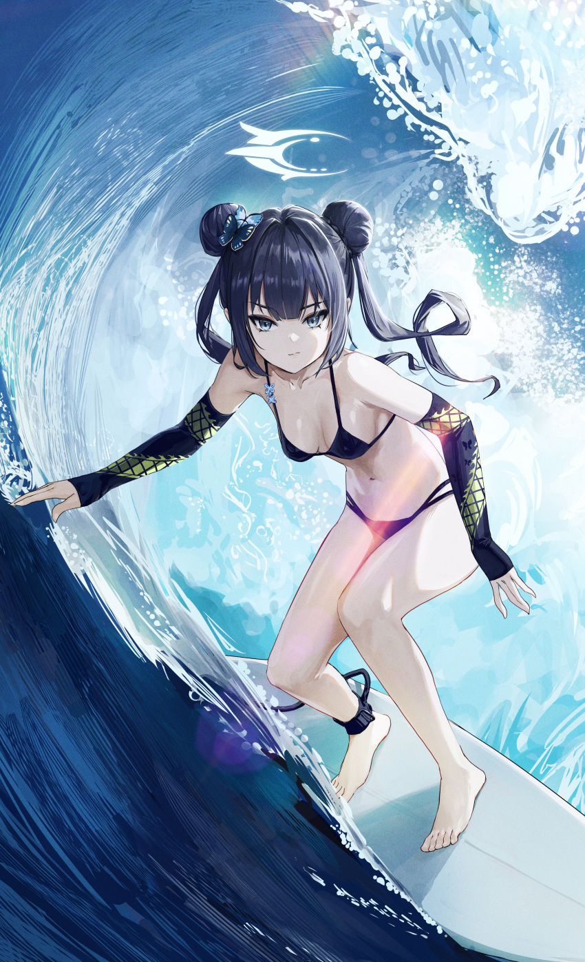 1girl absurdres alternate_costume ankle_strap barefoot bikini black_bikini black_hair blue_archive breasts butterfly_hair_ornament closed_mouth detached_sleeves double_bun dragon_print feet fieryonion full_body grey_eyes hair_bun hair_ornament halo highres kisaki_(blue_archive) leaning_forward legs long_sleeves looking_at_viewer medium_breasts navel outdoors solo surfboard surfing swimsuit thighs toenails toes twintails water waves