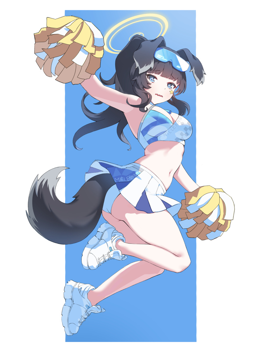 1girl absurdres animal_ears arm_up armpits ass bare_shoulders berrycheetah black_hair blue_archive blue_eyes blush breasts cheerleader crop_top dog_ears dog_girl dog_tail eyewear_on_head full_body goggles goggles_on_head halo hibiki_(blue_archive) hibiki_(cheer_squad)_(blue_archive) highres holding holding_pom_poms jumping long_hair looking_at_viewer medium_breasts midair midriff millennium_cheerleader_outfit_(blue_archive) miniskirt navel official_alternate_costume open_mouth pom_pom_(cheerleading) shirt shoes simple_background skirt sleeveless smile sneakers socks solo sticker_on_face stomach tail text_print wavy_mouth white_footwear white_skirt yellow_halo