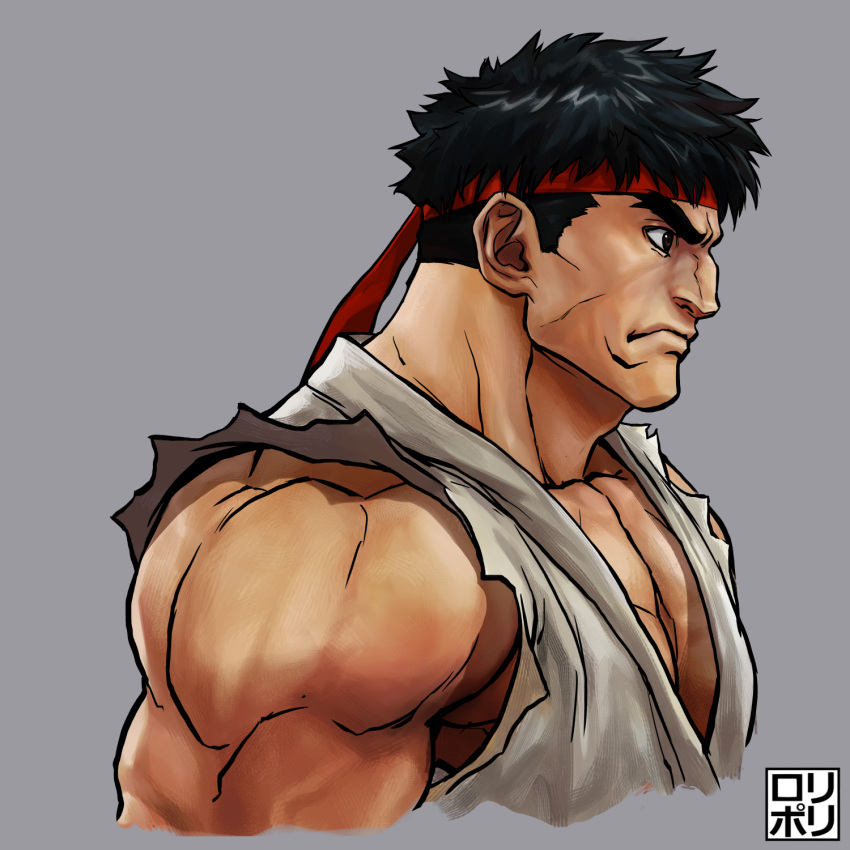 1boy black_hair cheekbones dougi forked_eyebrows from_side headband highres jamrolypoly looking_ahead male_focus muscular muscular_male pectoral_cleavage pectorals red_headband ryu_(street_fighter) short_hair solo street_fighter thick_eyebrows thick_neck