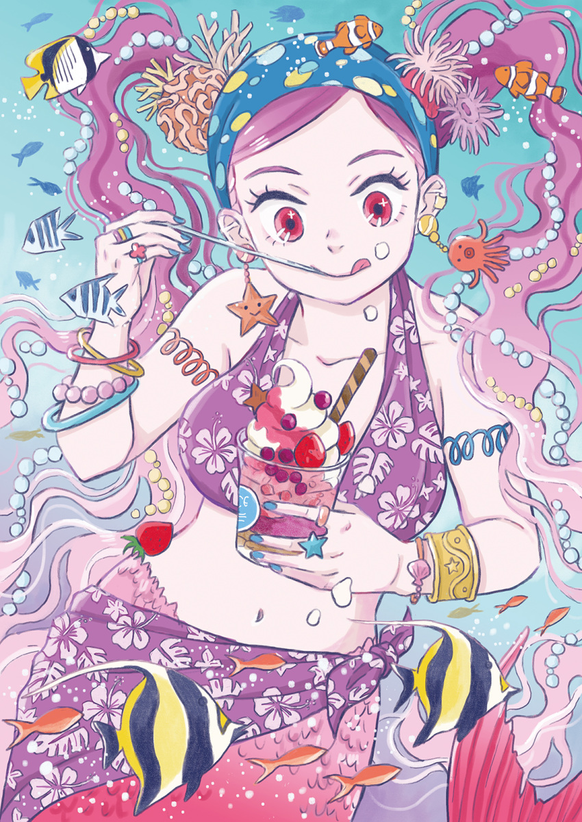 1girl bikini collarbone floral_print food headband hibiscus_print highres ice_cream long_hair mermaid monster_girl non417 ocean original parfait print_sarong purple_bikini purple_hair purple_sarong red_eyes sarong solo summer swimsuit tongue tongue_out tropical_fish underwater