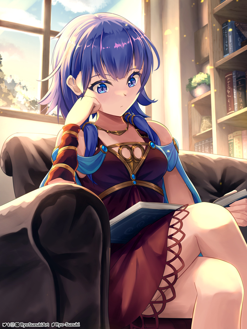 1girl absurdres artist_name bare_shoulders book bookshelf cape crossed_legs dress fire_emblem fire_emblem:_the_sacred_stones highres holding holding_book jewelry long_hair lute_(fire_emblem) open_book purple_eyes purple_hair reading ryo-suzuki sitting solo sunlight twintails window