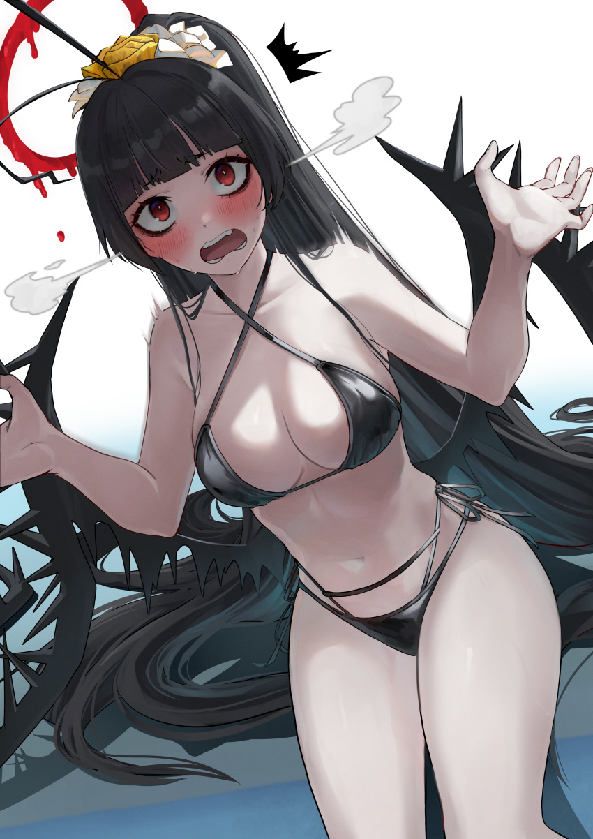 1girl absurdly_long_hair absurdres bikini black_bikini black_hair black_wings blood_halo blue_archive blush breasts collarbone criss-cross_halter flower hair_flower hair_ornament hair_scrunchie halo halterneck highres large_breasts long_hair looking_at_viewer melting_halo navel official_alternate_costume open_mouth ponytail red_eyes red_halo saco_(cgmore) scrunchie side-tie_bikini_bottom solo swimsuit tsurugi_(blue_archive) tsurugi_(swimsuit)_(blue_archive) very_long_hair white_flower wings yellow_flower