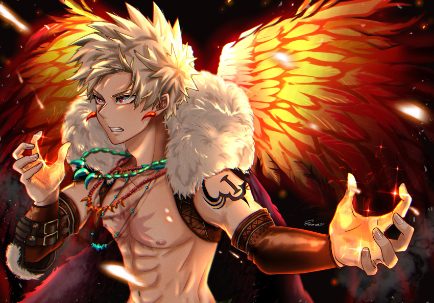 abs absurdres arm_tattoo artist_name bakugou_katsuki black_background boku_no_hero_academia bracer clenched_teeth earrings esora-arts fur_trim hand_up highres jewelry light_brown_hair messy_hair navel necklace nipples pectorals red_eyes tattoo teeth topless_male upper_body wings