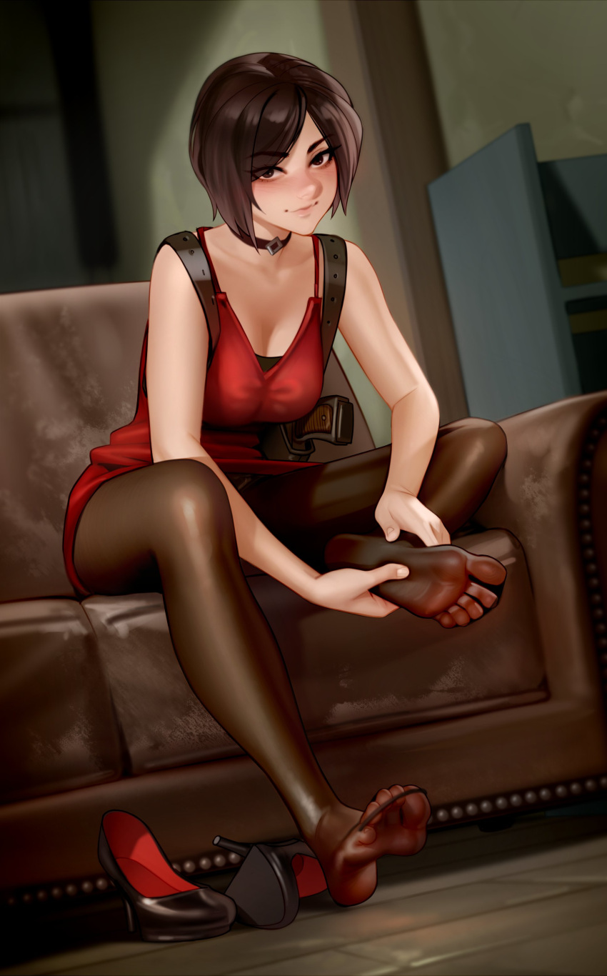 1girl absurdres ada_wong barefoot black_panties black_pantyhose blush bob_cut breasts brown_eyes brown_hair choker cleavage commentary commission dress english_commentary feet gun handgun hands_on_feet high_heels highres holster indoors kairunoburogu lipstick looking_at_viewer makeup medium_breasts panties panty_peek pantyhose pantyhose_removed pantyshot red_dress red_lips resident_evil resident_evil_2 short_hair shoulder_holster smile soles solo toes underwear upskirt weapon