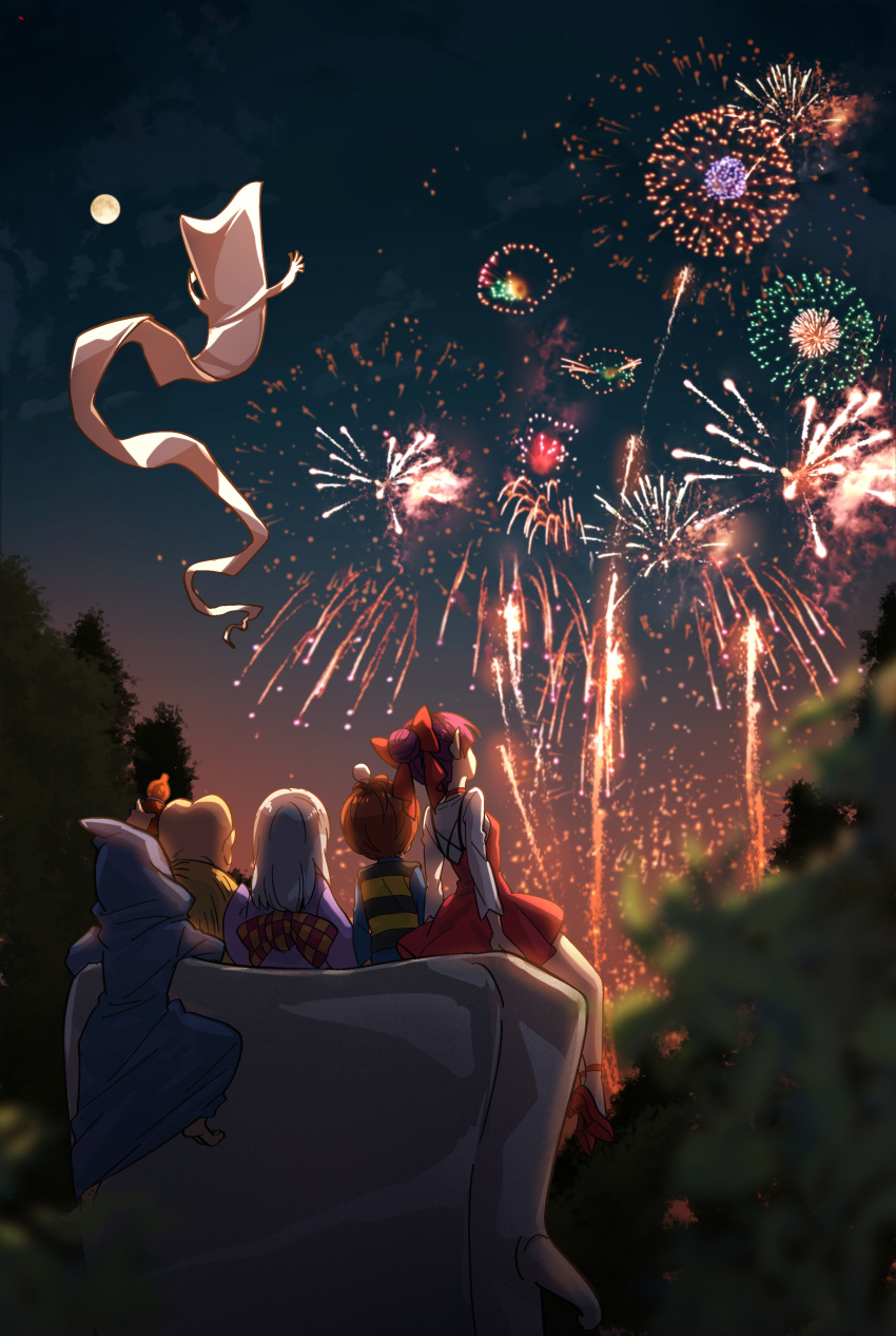 2girls 5boys absurdres father_and_son fireworks floating from_behind full_moon gegege_no_kitarou highres ittan_momen_(gegege_no_kitarou) kitarou konaki_jijii medama_oyaji moon multiple_boys multiple_girls nekomusume nekomusume_(gegege_no_kitarou_6) nezumi_otoko night outdoors silanduqiaocui sunakake_babaa_(gegege_no_kitarou)