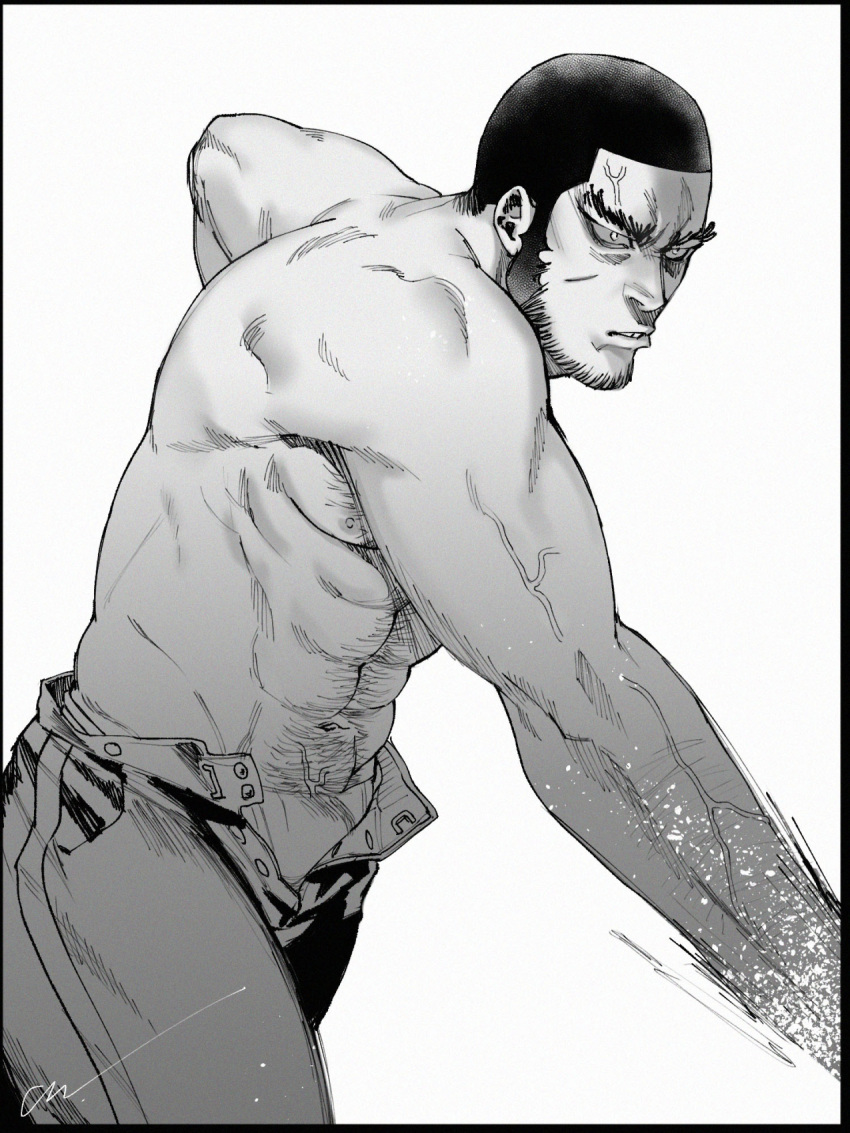1boy abs anger_vein angry bara chest_hair facial_hair golden_kamuy greyscale highres jo_tuesday19 large_pectorals male_focus monochrome muscular muscular_male navel open_pants pants pectorals short_hair sideburns simple_background solo tanigaki_genjirou topless_male