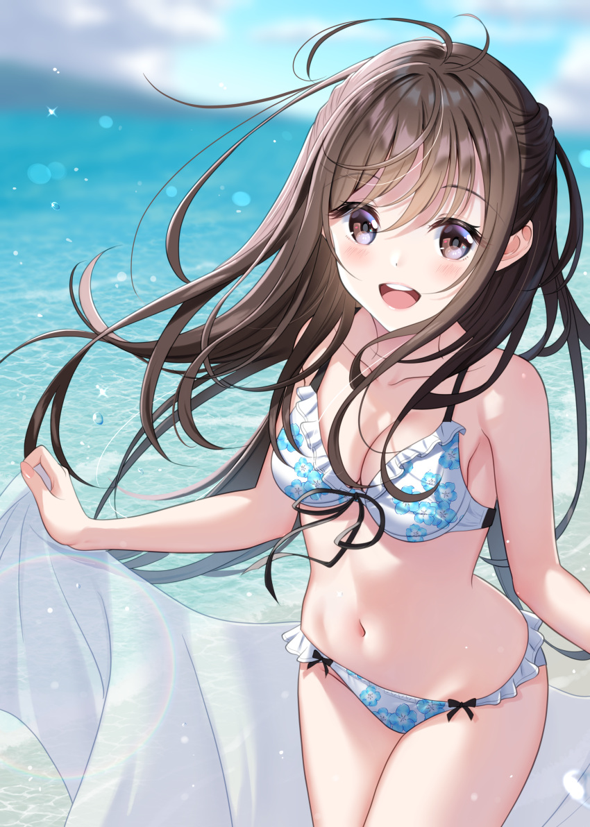 1girl absurdres ahoge beach bikini blurry blush bokeh breasts brown_hair cleavage cloud cloudy_sky collarbone commentary_request cowboy_shot day depth_of_field floating_hair floral_print frilled_bikini frills hair_between_eyes half_updo highres hominotsu light_particles long_hair looking_at_viewer medium_breasts navel ocean one_side_up open_mouth original sarong sarong_removed sky smile sunlight swimsuit teeth water water_drop waves wind