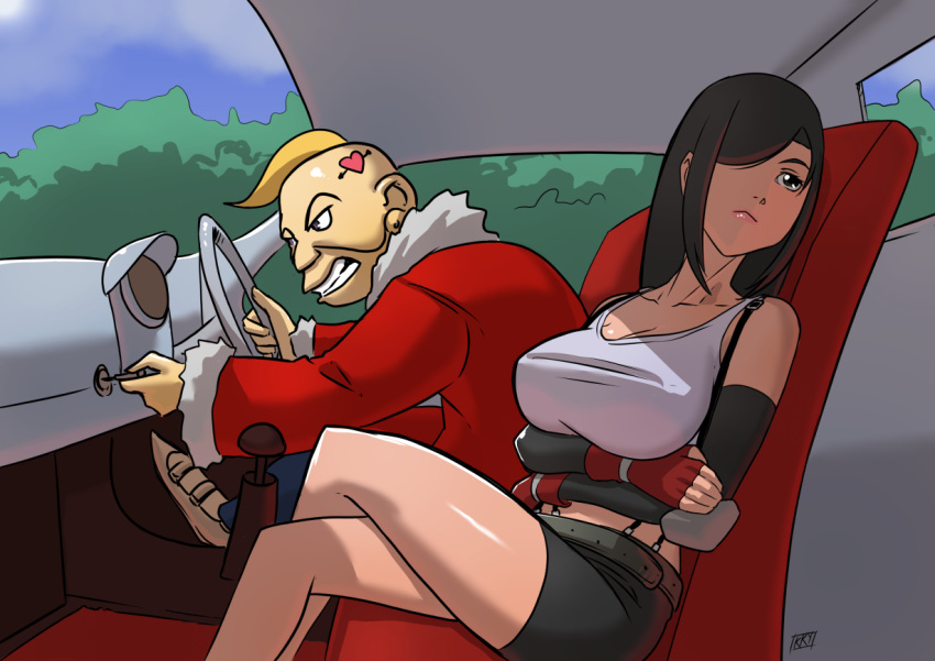 1boy 1girl arms_under_breasts arrow_through_heart bare_shoulders black_hair black_skirt blonde_hair breasts car_interior cleavage closed_mouth crossed_legs don_corneo driving final_fantasy final_fantasy_vii gloves hair_over_one_eye head_tattoo heart heart_tattoo key kukuruyo large_breasts long_hair looking_away mohawk red_gloves short_hair skirt smile tattoo teeth tifa_lockhart