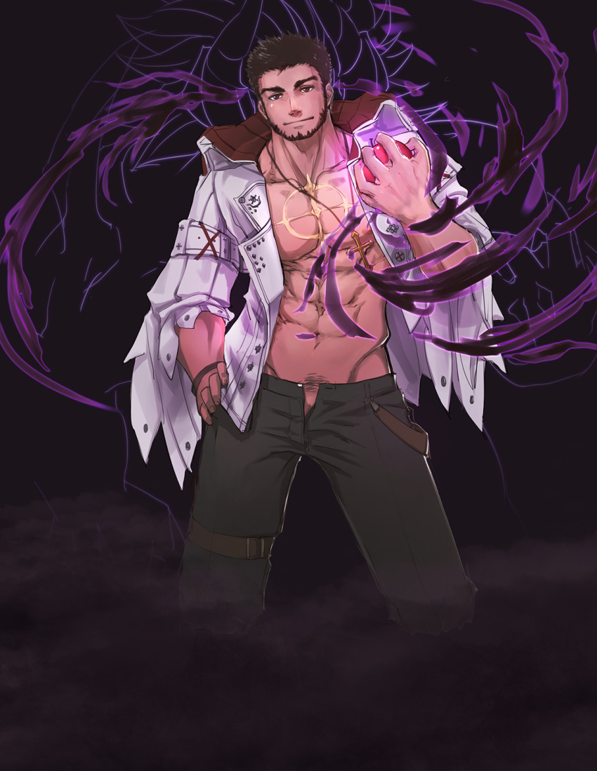 1boy abs alternate_costume aura avenger_(dungeon_and_fighter) bara bare_pectorals beard black_hair bulge character_request check_character cross cross_necklace dark-skinned_male dark_aura dark_skin dungeon_and_fighter facial_hair feet_out_of_frame flaccid gradient_skin highres jewelry kulolin looking_at_viewer male_focus male_priest_(dungeon_and_fighter) mature_male muscular muscular_male navel necklace nipples no_male_underwear open_clothes open_fly open_shirt pectorals penis penis_peek powering_up priest_(dungeon_and_fighter) pubic_hair pubic_hair_peek red_eyes short_hair solo standing stomach