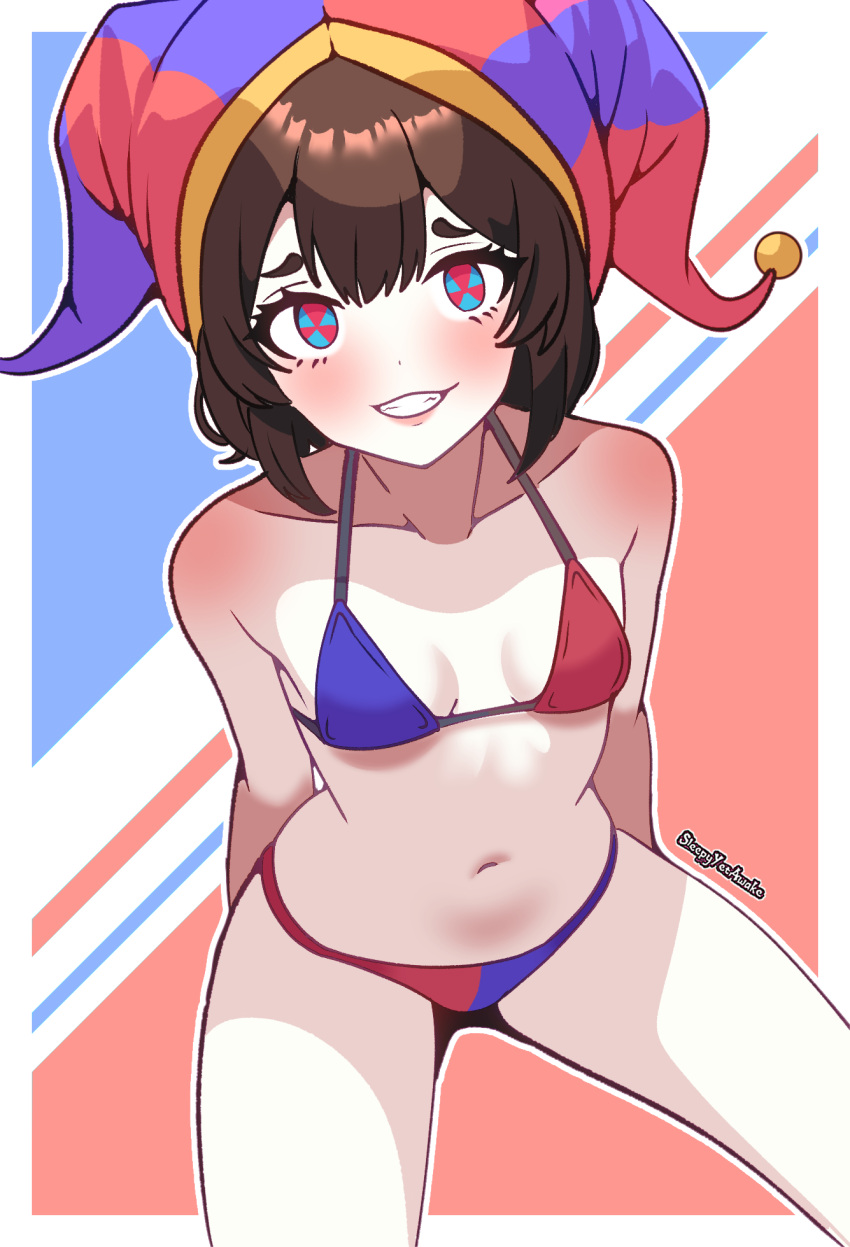 1girl arm_behind_leg bikini blush breasts brown_hair cleavage cropped_feet hat highres jester_cap looking_at_viewer midriff multicolored_eyes navel pale_skin parted_lips pomni_(the_amazing_digital_circus) signature simple_background sleepyyetawake small_breasts smile solo swimsuit teeth the_amazing_digital_circus