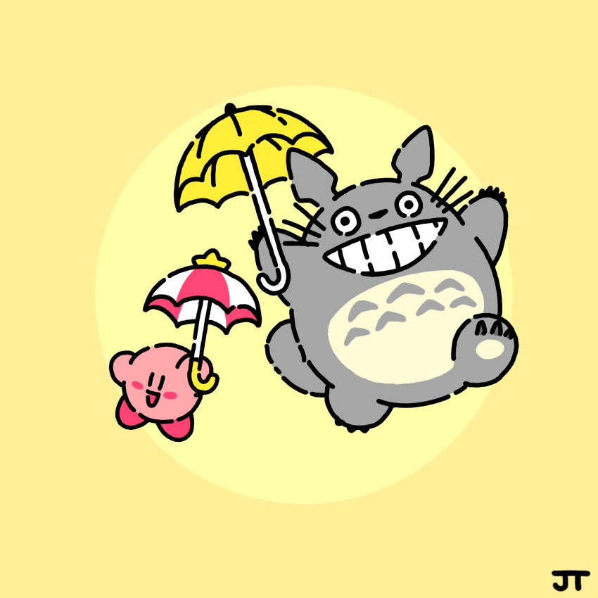 1:1 2023 3_toes ambiguous_gender anthro biped black_eyes black_nose blush blush_stickers claws crossover digital_drawing_(artwork) digital_media_(artwork) duo featureless_hands feet finger_claws flat_colors fur ghibli grey_body grey_fur hi_res holding_object holding_umbrella james_turner kirby kirby_(series) larger_ambiguous larger_anthro male_(lore) mammal monotone_body multicolored_body multicolored_fur my_neighbor_totoro nintendo open_mouth open_smile pawpads pink_body signature simple_background simple_eyes size_difference smaller_ambiguous smile tail teeth toe_claws toes toothy_grin totoro umbrella waddling_head whiskers yellow_background