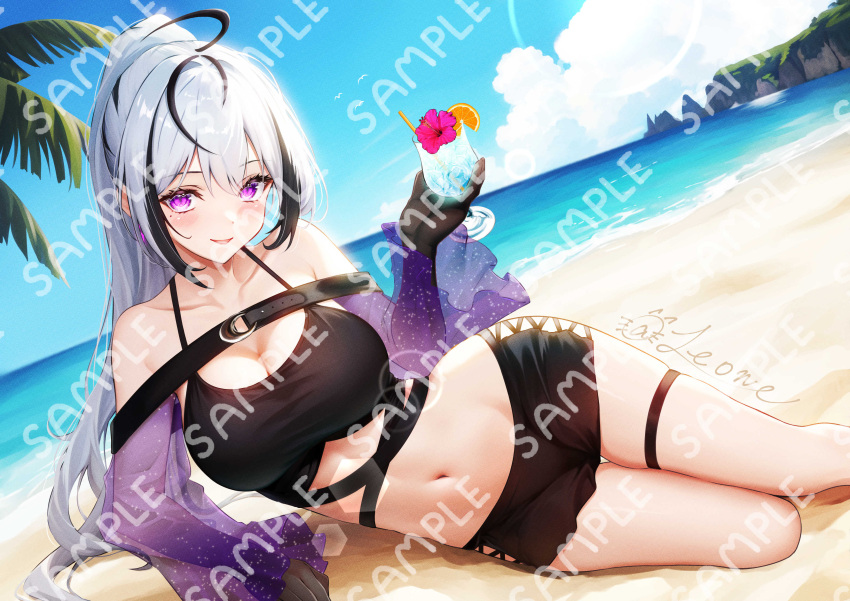 1girl absurdres ahoge bare_shoulders beach black_shirt black_shorts breasts camisole cleavage collarbone colored_skin crop_top day detached_sleeves halterneck hand_up highres holding iriam large_breasts leone_(kamina0205) long_hair long_sleeves looking_at_viewer lying midriff mole mole_under_eye multicolored_hair navel on_side open_mouth outdoors pink_eyes ponytail reclining sample_watermark see-through see-through_sleeves shirt short_shorts shorts skindentation sleeveless sleeveless_shirt smile solo spaghetti_strap stomach streaked_hair taut_clothes taut_shirt thigh_strap thighs tropical_drink tsukimiya_layla very_long_hair virtual_youtuber white_hair