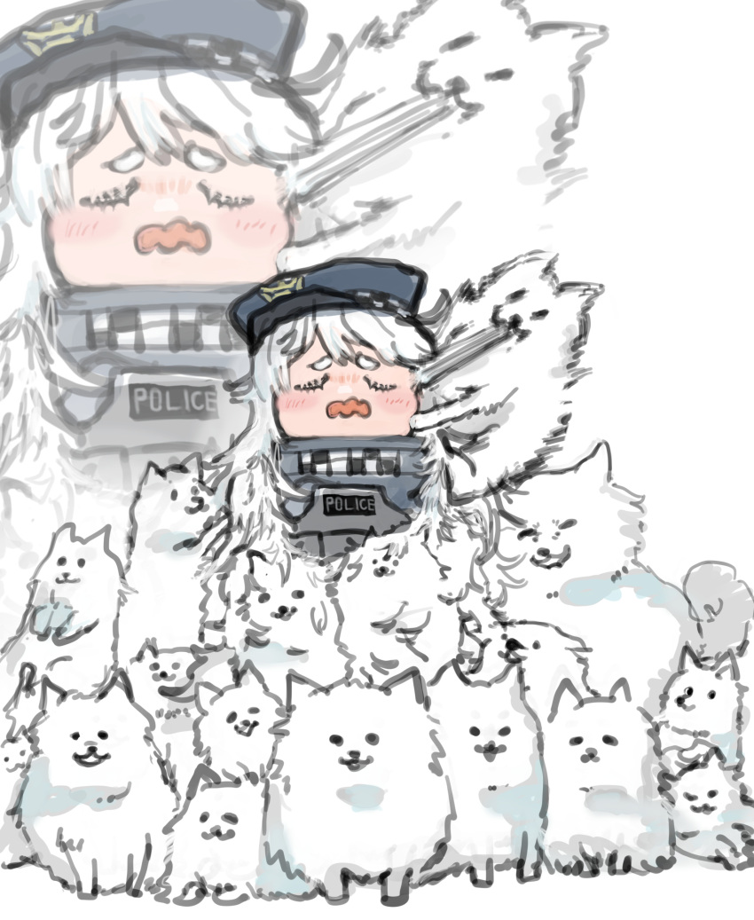 1girl absurdres biting_hair closed_eyes dog goddess_of_victory:_nikke hat highres long_hair poli_(nikke) police police_hat police_uniform policewoman samoyed_(dog) uniform very_long_hair white_hair yuzushouko