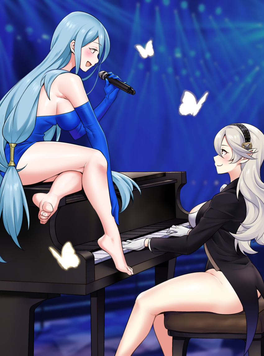 aqua_hair azura_(fire_emblem) bare_legs barefoot breasts bug butterfly commission corrin_(female)_(fire_emblem) corrin_(fire_emblem) fire_emblem fire_emblem_fates grand_piano grey_hair hairband highres holding holding_microphone igni_tion instrument large_breasts long_hair microphone music piano playing_instrument singing sitting_on_piano very_long_hair