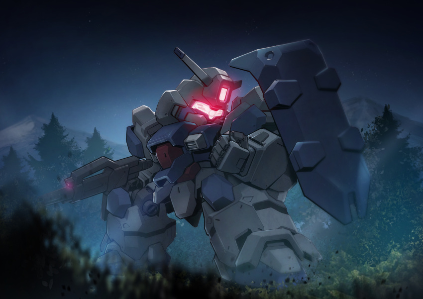 absurdres arm_shield assault_visor beam_rifle blurry blurry_foreground chibi clenched_hand energy_gun grass gun gundam gundam_hathaway's_flash gustav_karl highres holding holding_gun holding_weapon making-of_available mecha mobile_suit mountain night no_humans outdoors robot science_fiction sd_gundam solo standing star_(sky) tree weapon zakuma